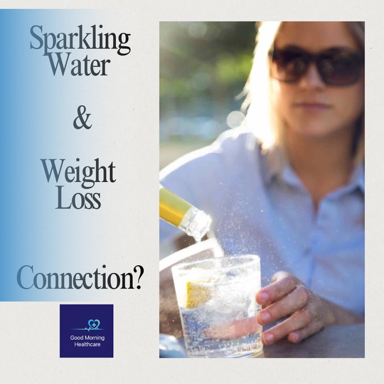 A sparkling water glass with bubbles rising, placed beside a tape measure, symbolizing the connection between hydration and weight loss