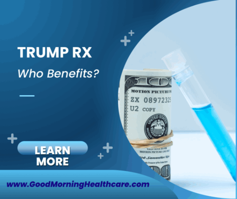 Visual of reduced prescription drug prices with dollar symbols and TrumpRx.gov displayed on a screen