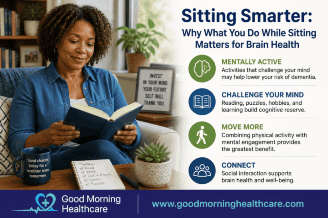 Person sitting engaged in a mentally stimulating activity like reading or solving a puzzle, highlighting how active sitting habits support brain health and may reduce dementia risk compared to passive screen time.