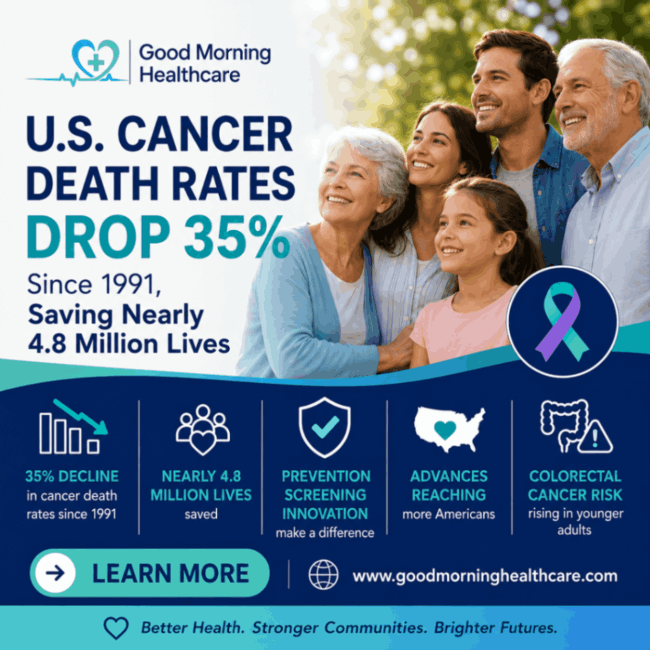 Good Morning Healthcare graphic highlighting that U.S. cancer death rates have declined 35% since 1991, saving nearly 4.8 million lives through prevention, early cancer screening, and improved treatments.
